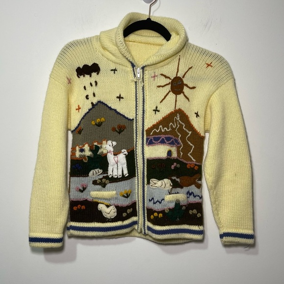 Handmade Kids Knit Zip Hoodie Jacket Llama Embroidery Village Scene Size M 8-10 - Picture 1 of 11